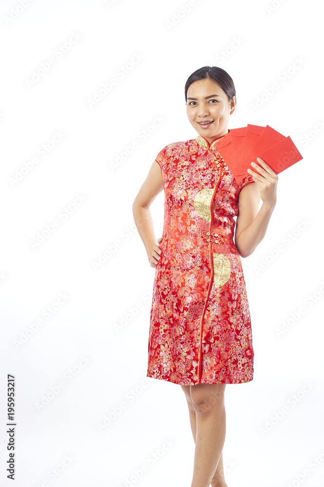 chinese new year woman holding red envelope chinese new year woman holding red envelope