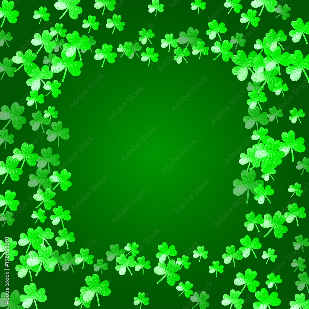 Shamrock background for Saint Patricks Day. Lucky trefoil confetti. Glitter frame of clover leaves. Template for party invite, retail offer and ad. Dublin shamrock background. Shamrock background for Saint Patricks Day. Lucky trefoil confetti. Glitter frame of clover leaves. Template for party invite, retail offer and ad. Dublin shamrock background.