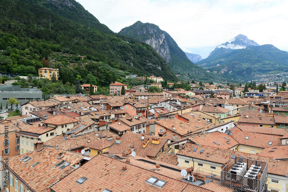 Riva del Garda town and mountain panorama, Italy