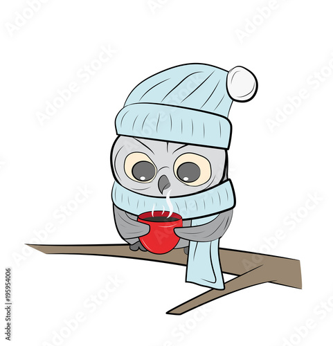 an owl with a cup of tea sits on a branch. snowy winter. vector illustration.

