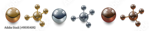 Fototapeta Naklejka Na Ścianę i Meble -  Ball metallic vector realistic, steel, silver, chrome, gold and bronze isolated on white background. A molecule of balls.