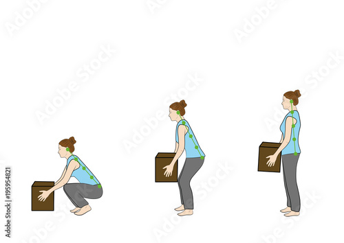 Correct posture to lift a heavy object safely. Illustration of health care. vector illustration 