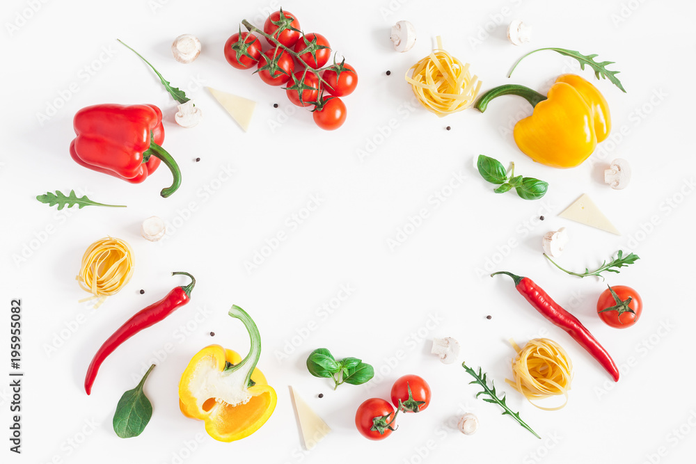 Ingredients for cooking pasta on white background. Fettuccine, fresh vegetables, cheese, mushrooms, spice. Italian food concept. Flat lay, top view, copy space