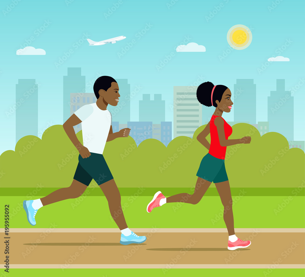 Young man and woman jogging in the park. Afro american couple. Vector flat style illustration.