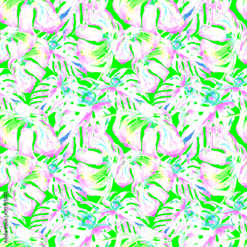 Watercolor Seamless Pattern. Hand Painted Illustration of Tropical Leaves and Flowers. Tropic Summer Motif with Liana Pattern.