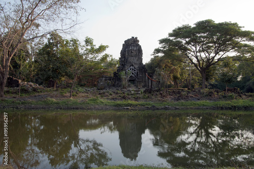 Banteay Chhaar Cambodia, view of Prasat Ta Prohm temple tower with reflection