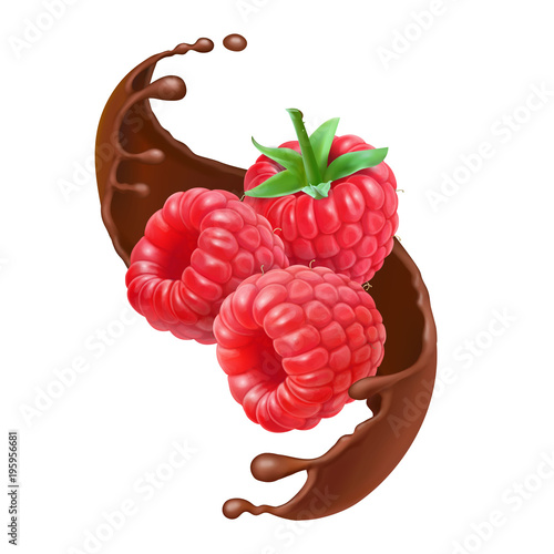 Chocolate splash and raspberry realistic berry illustration