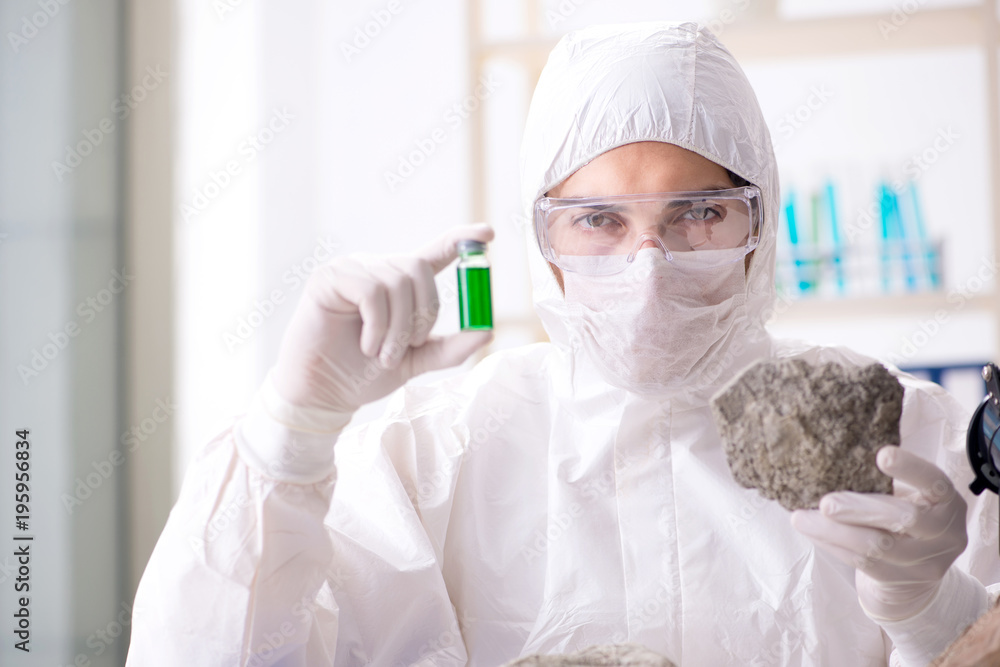 Scientist looking and stone samples in lab Scientist looking and stone samples in lab