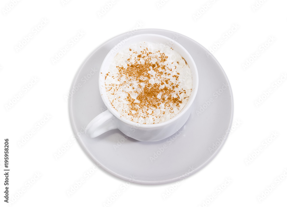 Top view of coffee with foamed cream and cinnamon powder Top view of coffee with foamed cream and cinnamon powder