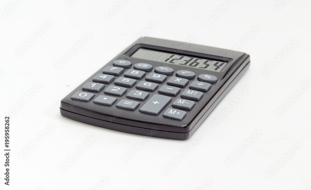 Electronic pocket calculator on a white background at selective focus Electronic pocket calculator on a white background at selective focus