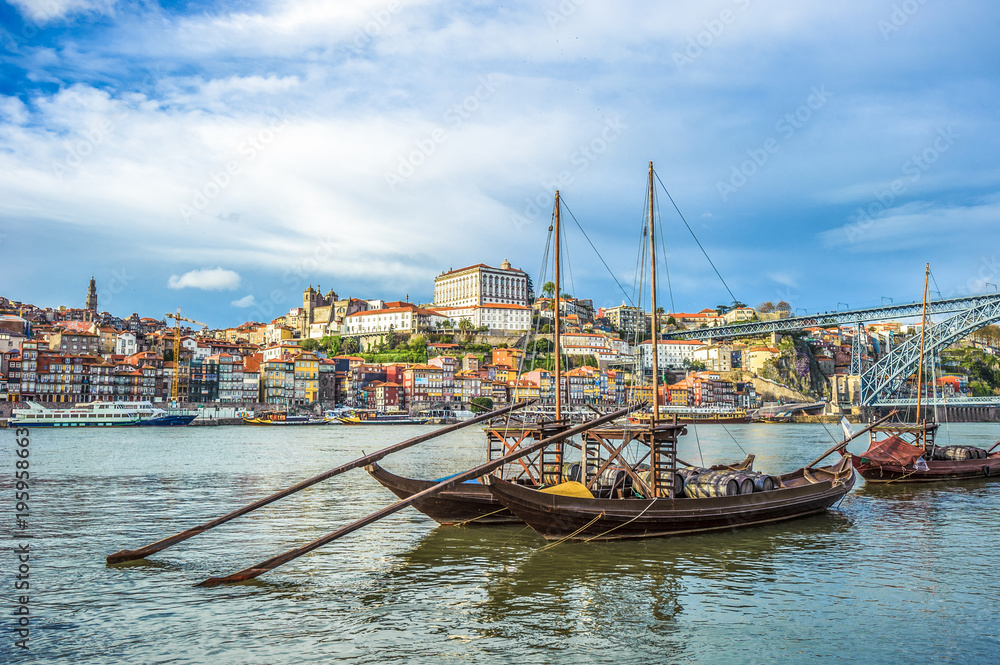 Rabelo, traditional boat with wine barrels in Porto, Portugal