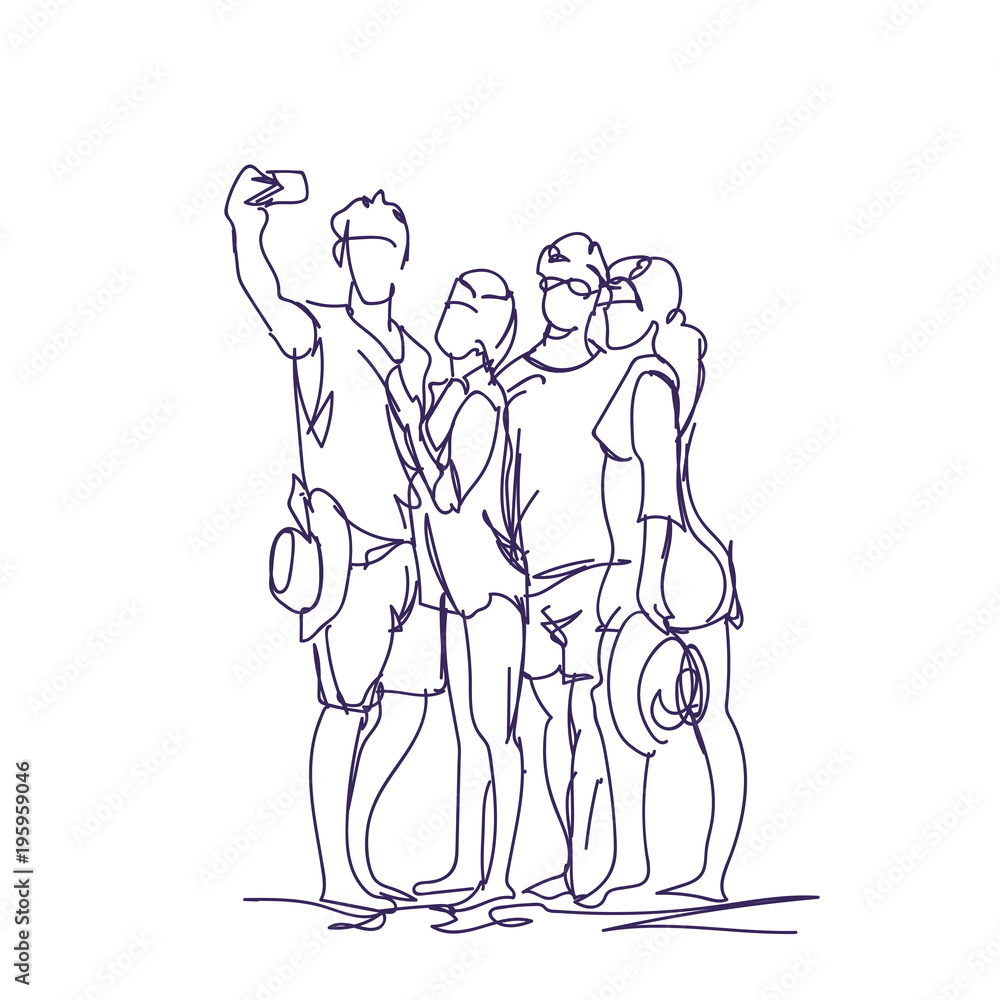 Group Of People Taking Together Selfie Photo On Smart Phone Doodle Men And Women Make Self Portrait Vector Illustration