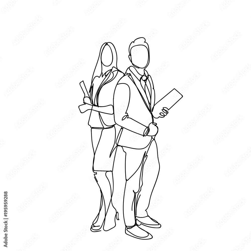 Sketch Business Man And Woman Businesspeople Couple Doodle Male And Female Silhouette On White Background Vector Illustration