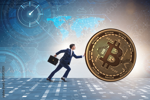 Businessman pushing bitcoin in cryptocurrency blockchain concept