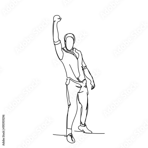 Cheerful Business Man Holding Hand Raised Male Silhouette Sketch On White Background Vector Illustration