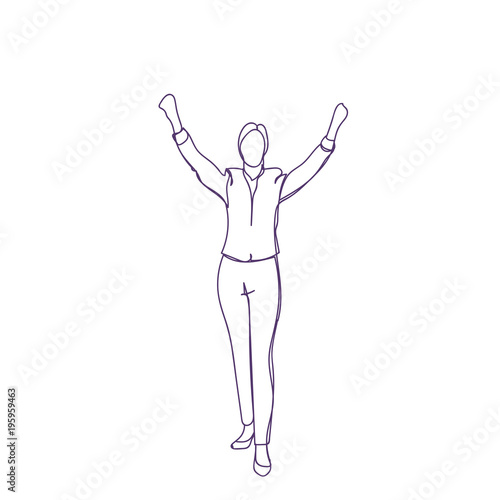 Cheerful Business Person Holding Hands Raised Female Or Male Silhouette Sketch On White Background Vector Illustration