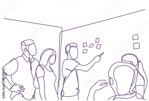 Creative Business Team Brainstorming At Board Room Meeting, Group Of Businessmen And Businesswomen Doodles Working Together Vector Illustration