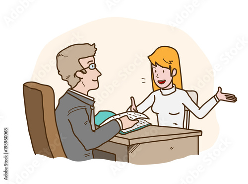 Job Interview Presentation, a hand drawn vector cartoon illustration of  a job seeker introducing herself to the HRD
manager.