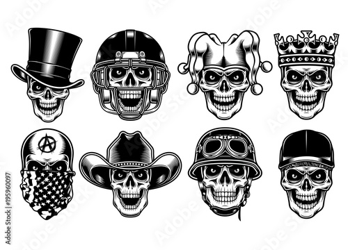 Set of Skull Characters Isolated on White Background