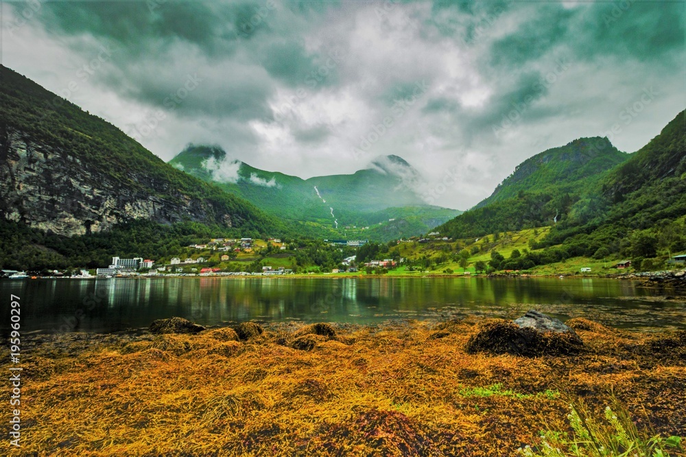 fjord,norwegen,berge,wolken,dramatisch, grün,algen,see,bucht,panorama