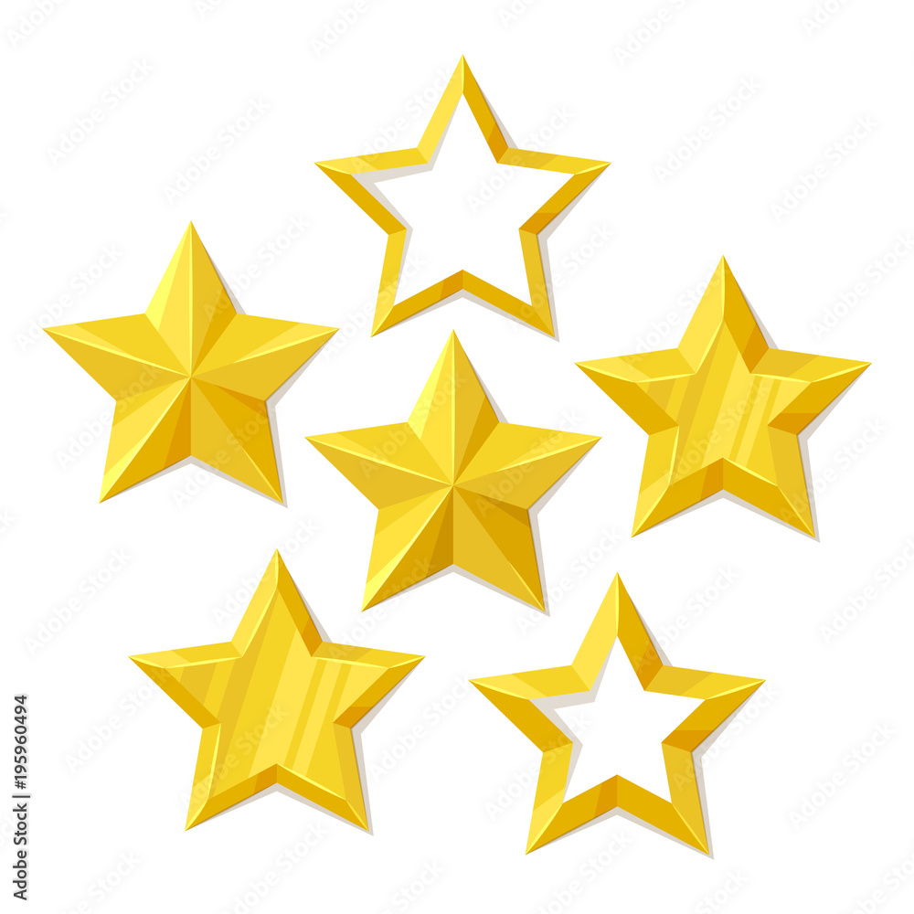 Vector illustration, set of flat metallic golden stars isolated on white background. Vector illustration, set of flat metallic golden stars isolated on white background.