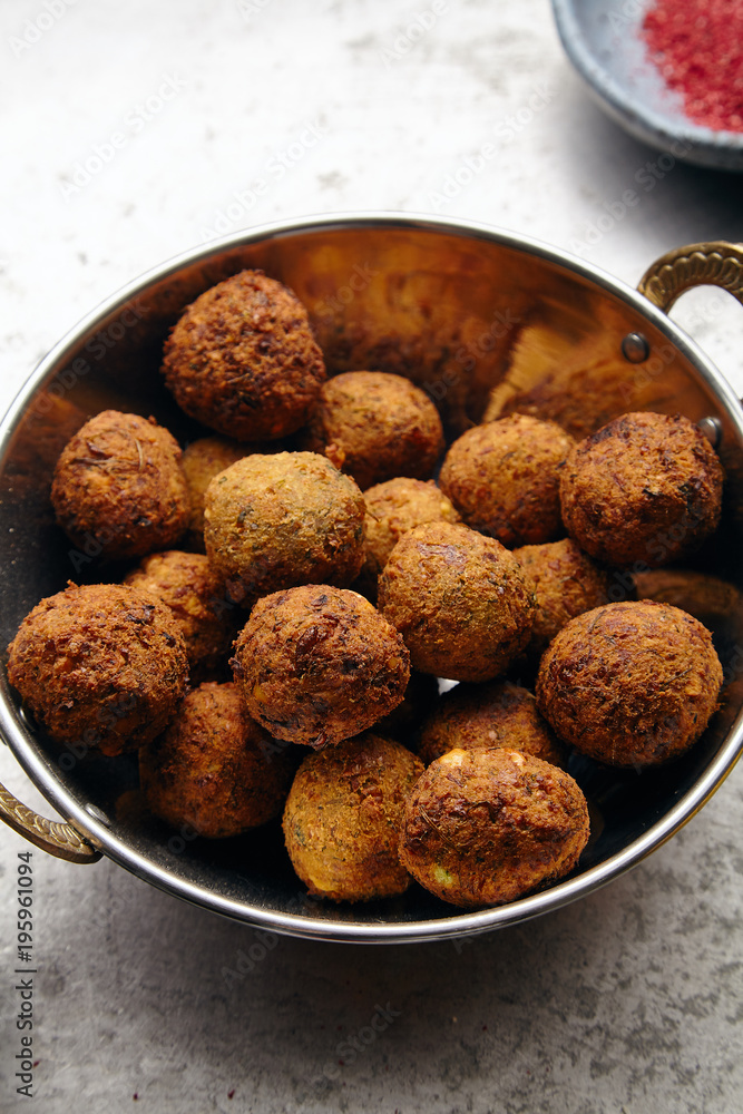 Overhead image of traditional jewish and middle eastern dish falafel. Israeli cuisine concept Overhead image of traditional jewish and middle eastern dish falafel. Israeli cuisine concept