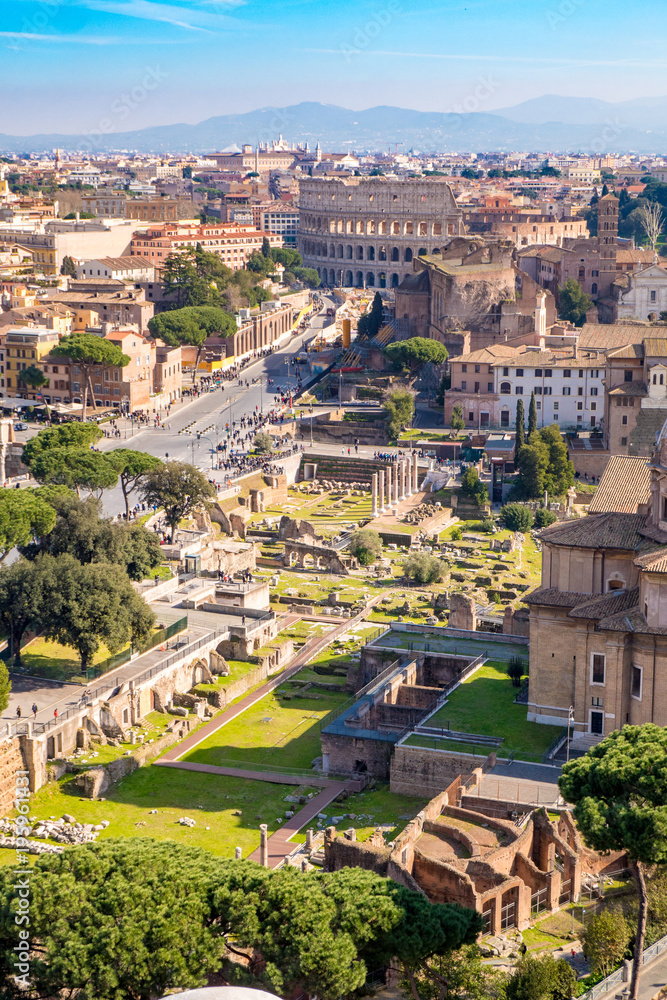 Aerial view of the Roman Forum and Colosseum in Rome, Italy. Rome from above.
