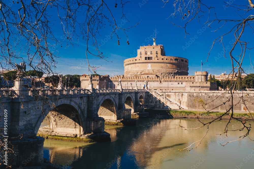 Saint Angelo Castle and Saint Angelo Bridge over Tiber River in Rome, Italy
