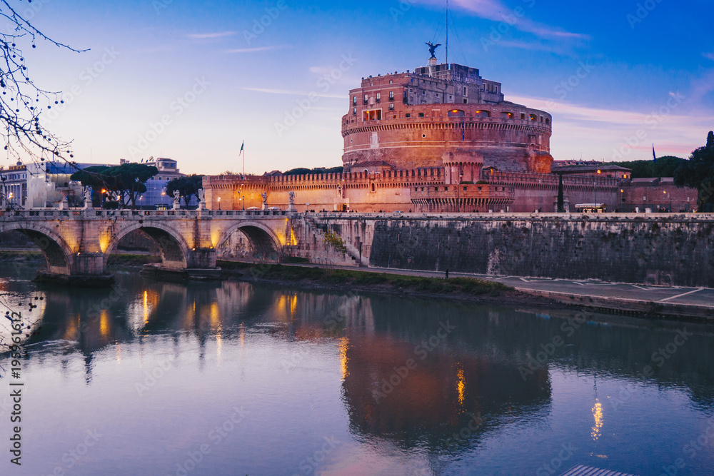 Night view of Sant' Angelo Castle and Sant' Angelo Bridge in Rome, Italy