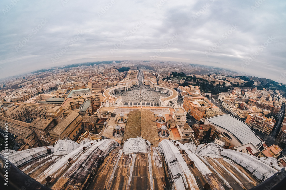 Rome from above. Aerial view of Rome from the top of San Pietro Basilica in Vatican City, Rome, Italy