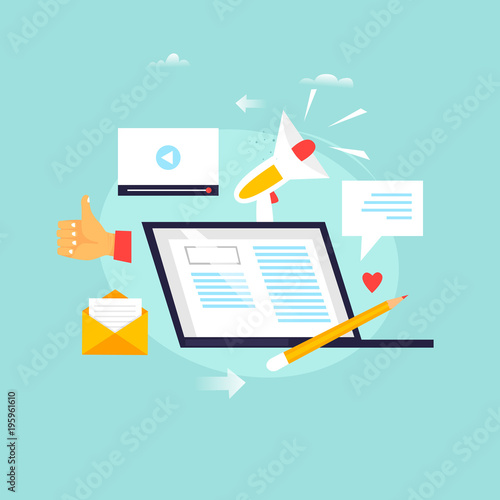 Blogging ,writing articles, copywriting, tutorials, seminars, education. Flat design vector illustration.