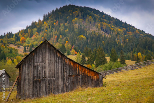 Autumn scenery landscape with colorful forest, wood fence and hay barns in Prisaca Dornei, Suceava County, Bucovina, Romania © Sebastian