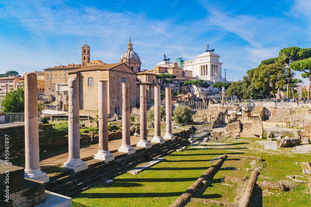 The ancient Roman columns in the Roman Forum, Rome, Italy 2018