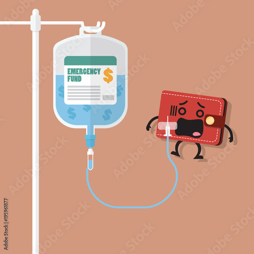 Emergency fund in saline bag with wallet character