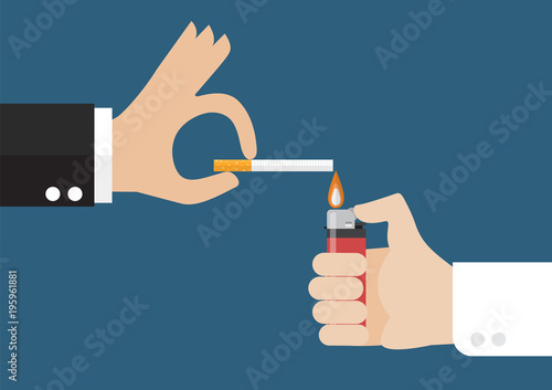 Hand with the lighter and the smoker's hand with a cigarette
