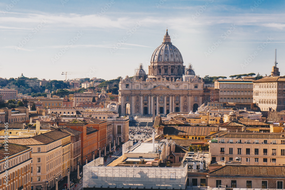 Rome city skyline with St. Peter's Basilica in the Vatican visible