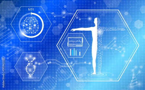 abstract background technology concept in blue light,brain and human body heal ,technology modern medical science in future and global international medical with tests analysis clone DNA human