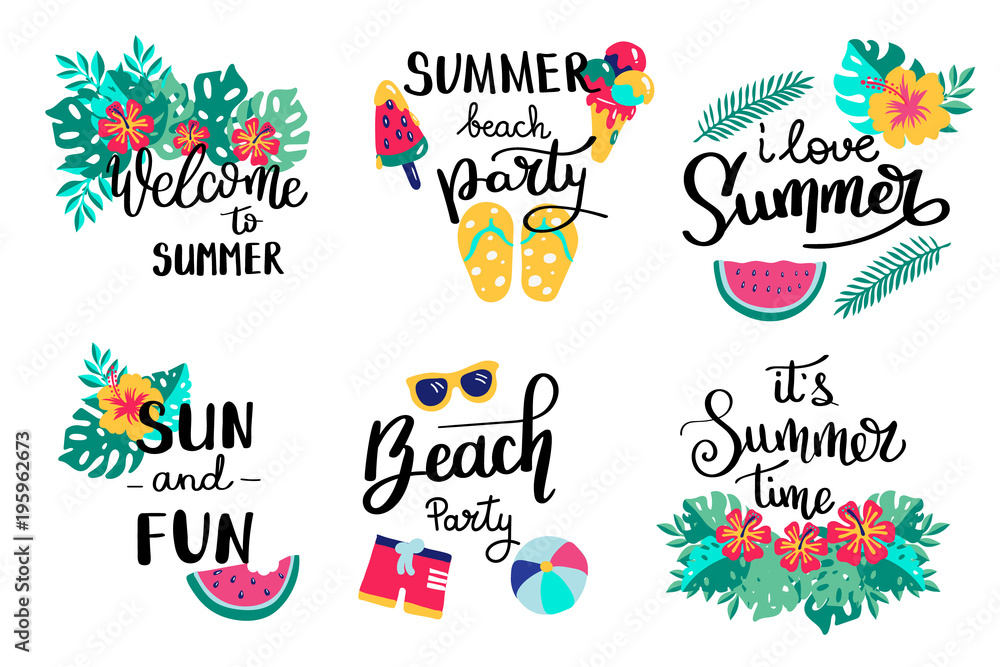Summer lettering. Set hand drawn icons, signs and banners. Bright summertime poster. Collection Summer hand drawn elements for summer holiday and party. Summer Typographic. Vector illustration.
