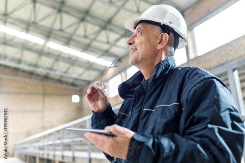 Quadro em tela Senior construction manager controlling building site using digital tablet