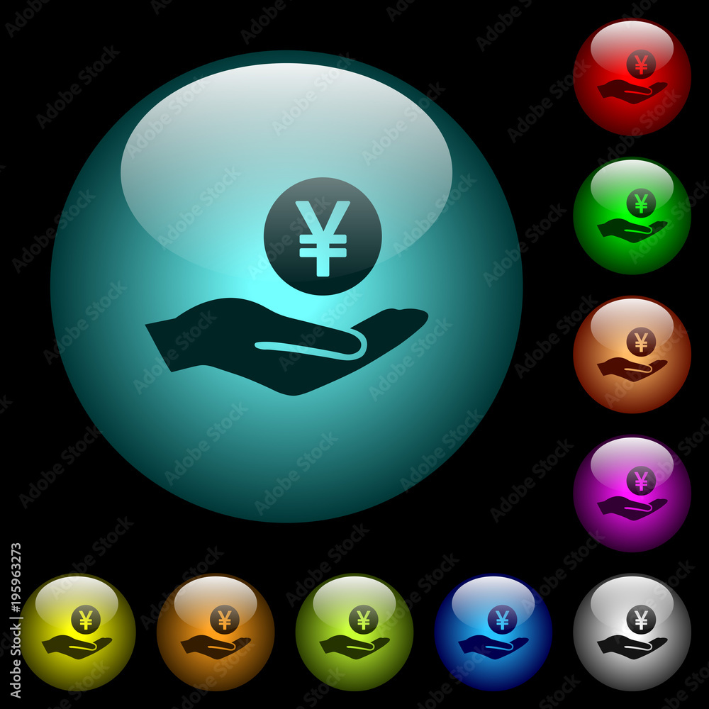 Yen earnings icons in color illuminated glass buttons Yen earnings icons in color illuminated glass buttons