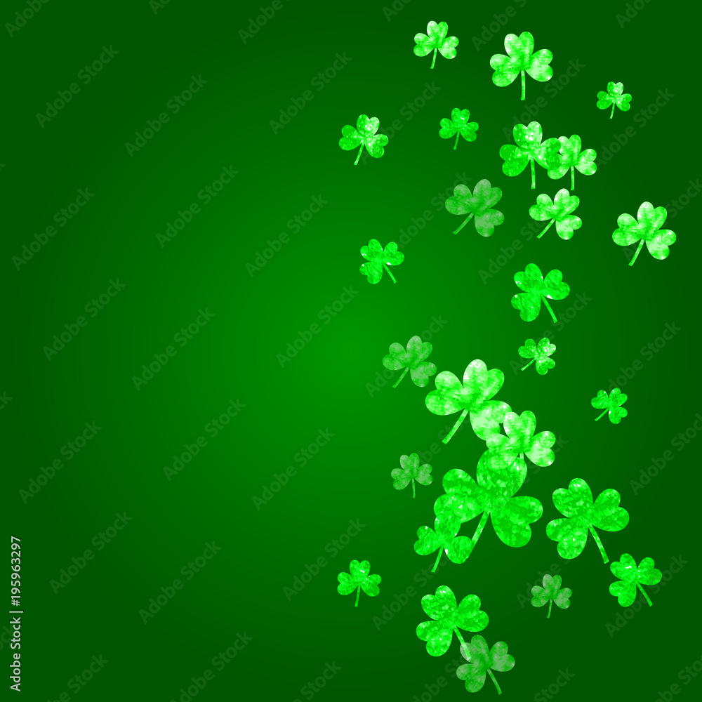 Shamrock background for Saint Patricks Day. Lucky trefoil confetti. Glitter frame of clover leaves. Template for voucher, special business ad, banner. Merry shamrock background. Shamrock background for Saint Patricks Day. Lucky trefoil confetti. Glitter frame of clover leaves. Template for voucher, special business ad, banner. Merry shamrock background.