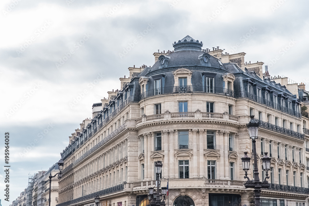 Paris, beautiful building in the center, typical parisian facade, place de l’Opera
