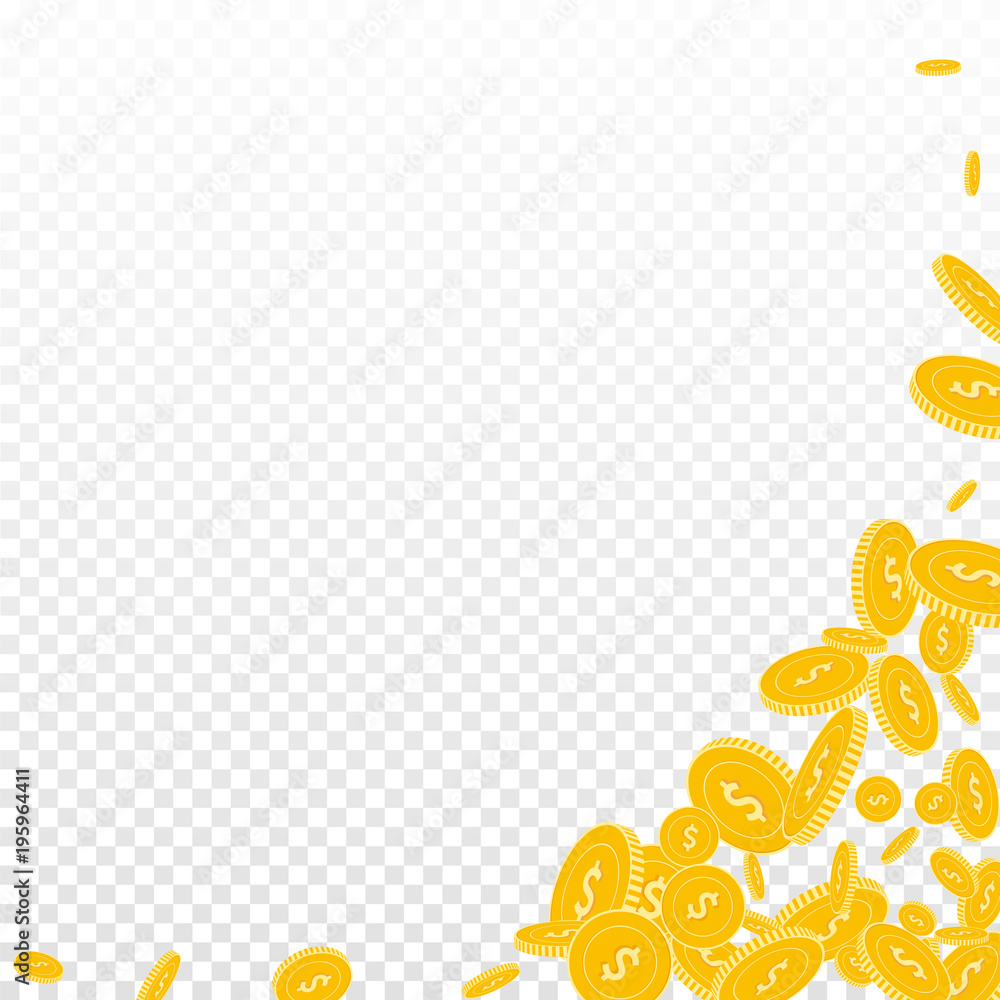 American dollar coins falling. Scattered floating USD coins on transparent background. Amazing abstract right bottom corner vector illustration. Jackpot or success concept.