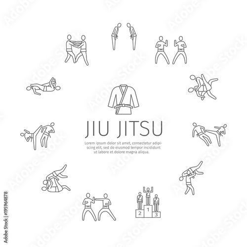 Jujutsu martial art line icons. Vector sports signs.