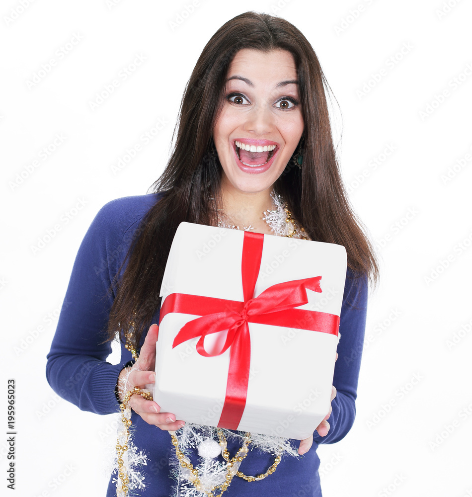 closeup. happy beautiful woman with Christmas gift closeup. happy beautiful woman with Christmas gift