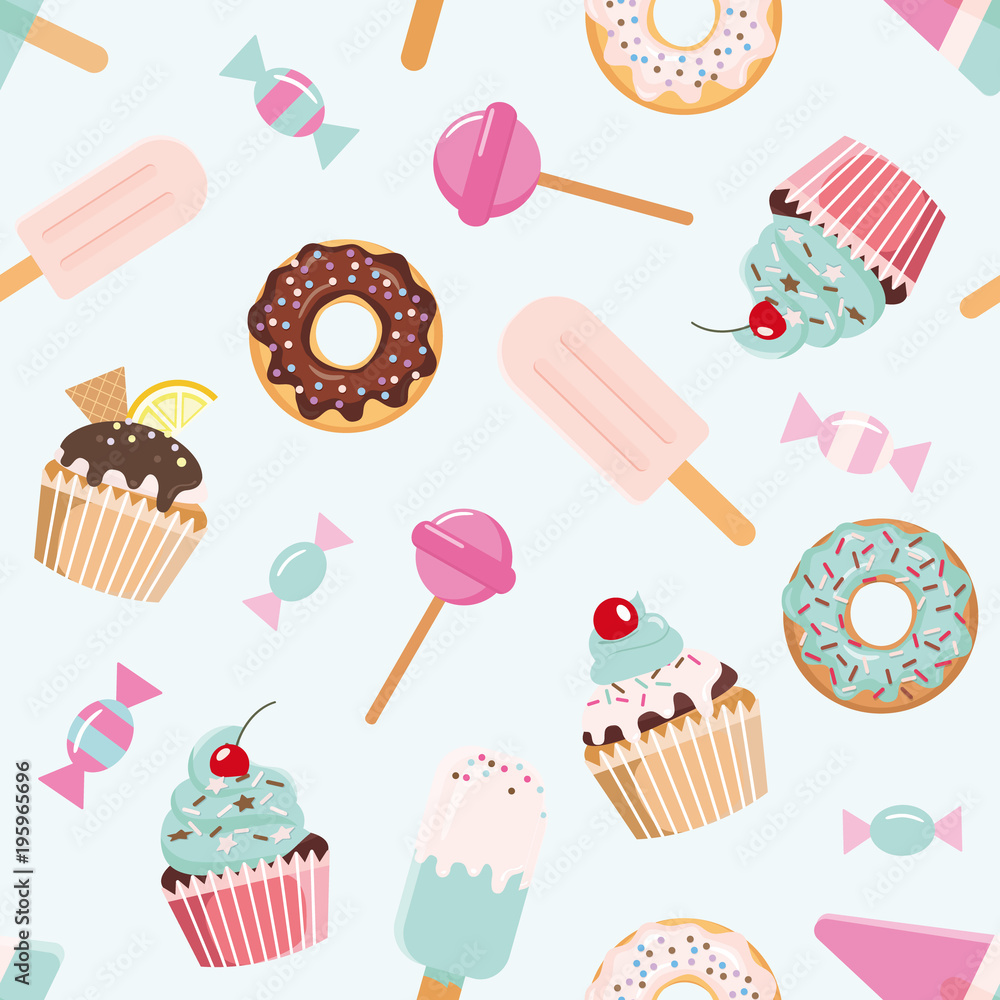 Birthday seamless pattern with sweets. Girly. For print and web.