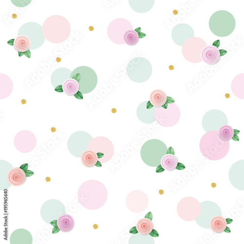 Floral seamless pattern background with roses and polka dots. Pink and pastel green trendy colors. For birthday, wedding and scrapbook design.