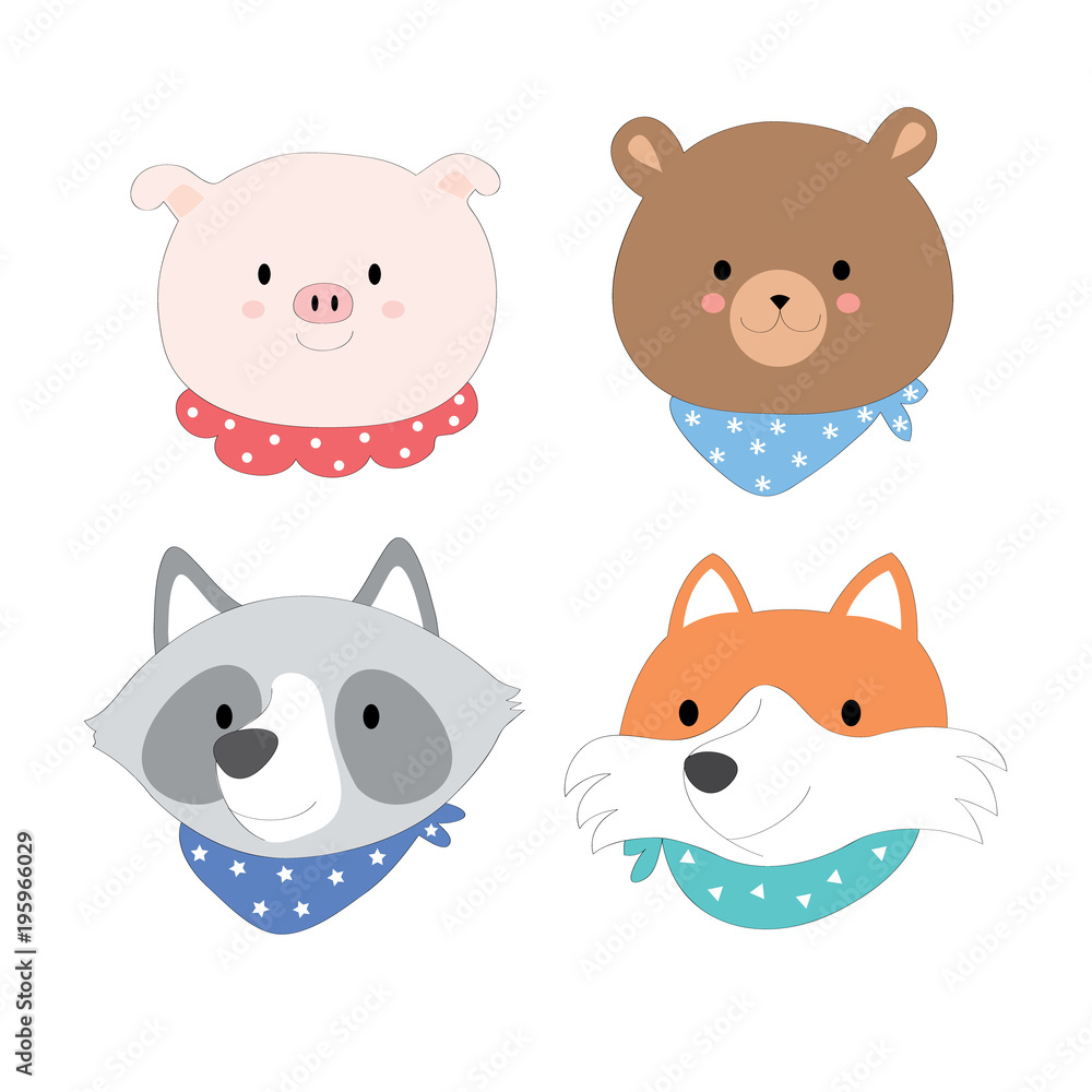 cartoon cute face animals, pig, bear, fox, raccoon vector. cartoon cute face animals, pig, bear, fox, raccoon vector.