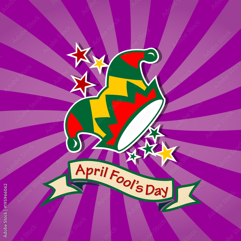 April Fools Day card with jester hat. Vector illustration
