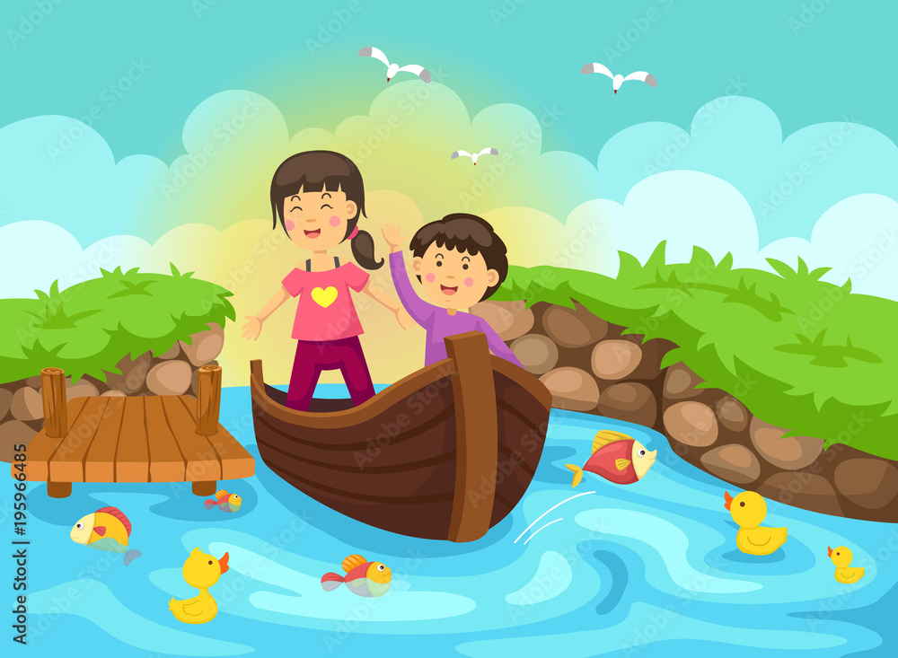 Illustration of a boy and girl are sailing on a boat Illustration of a boy and girl are sailing on a boat